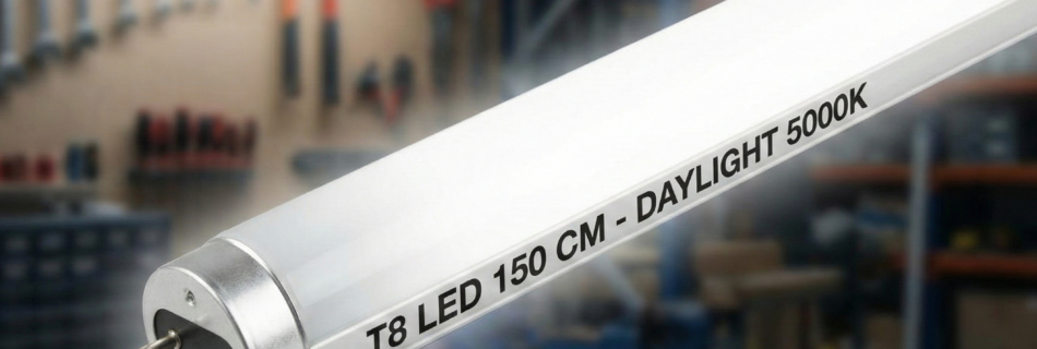 T8 LED lysrør 150 cm dagslys 5000K med metallisk sokkel, fotografert foran verkstedvegg med verktøy.