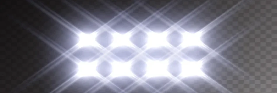 Hvit LED-belysning med åtte lysdioder som lyser intenst med stråleeffekt på mørk bakgrunn.