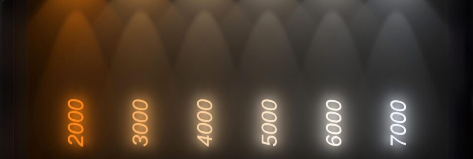 Seks LED-spotlys viser fargetemperaturer fra 2000K (varm gul) til 7000K (kjølig hvit) på mørk vegg.